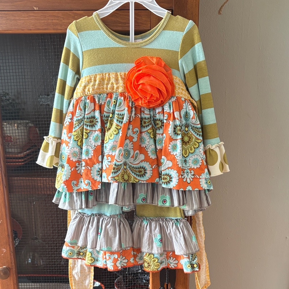 Giggle Moon Mint, Olive & Orange Floral Tiered Dress with Rosette